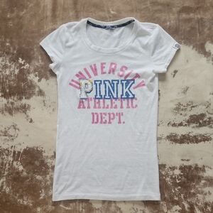 Y2K PINK VS White University Athletic Dept Tee. Size: S